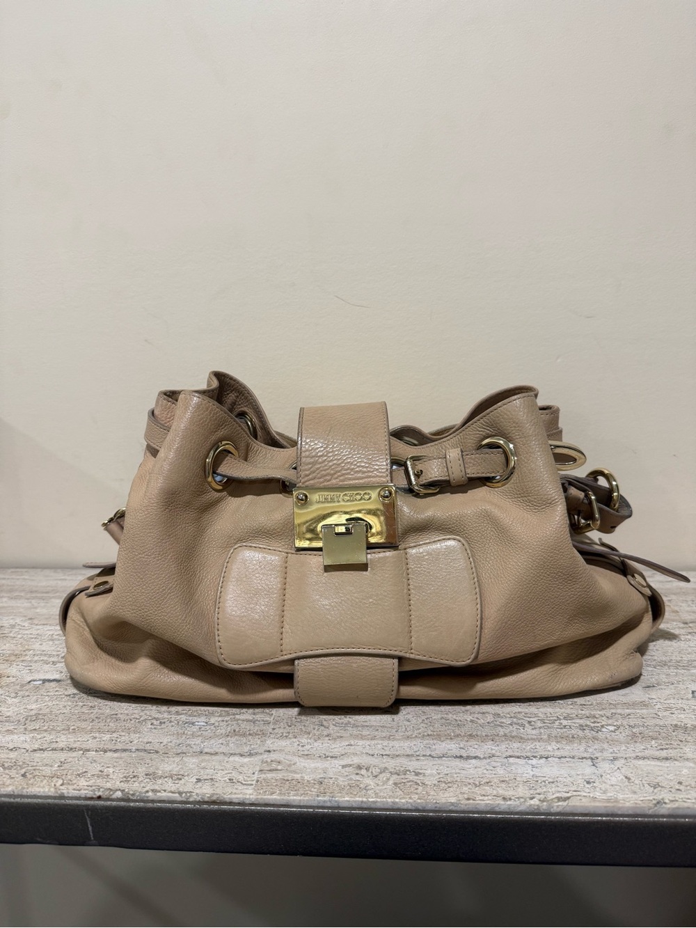 Jimmy Choo Beige Ramona Leather Shoulder Bag with Gold Hardware - Picture 1 of 16